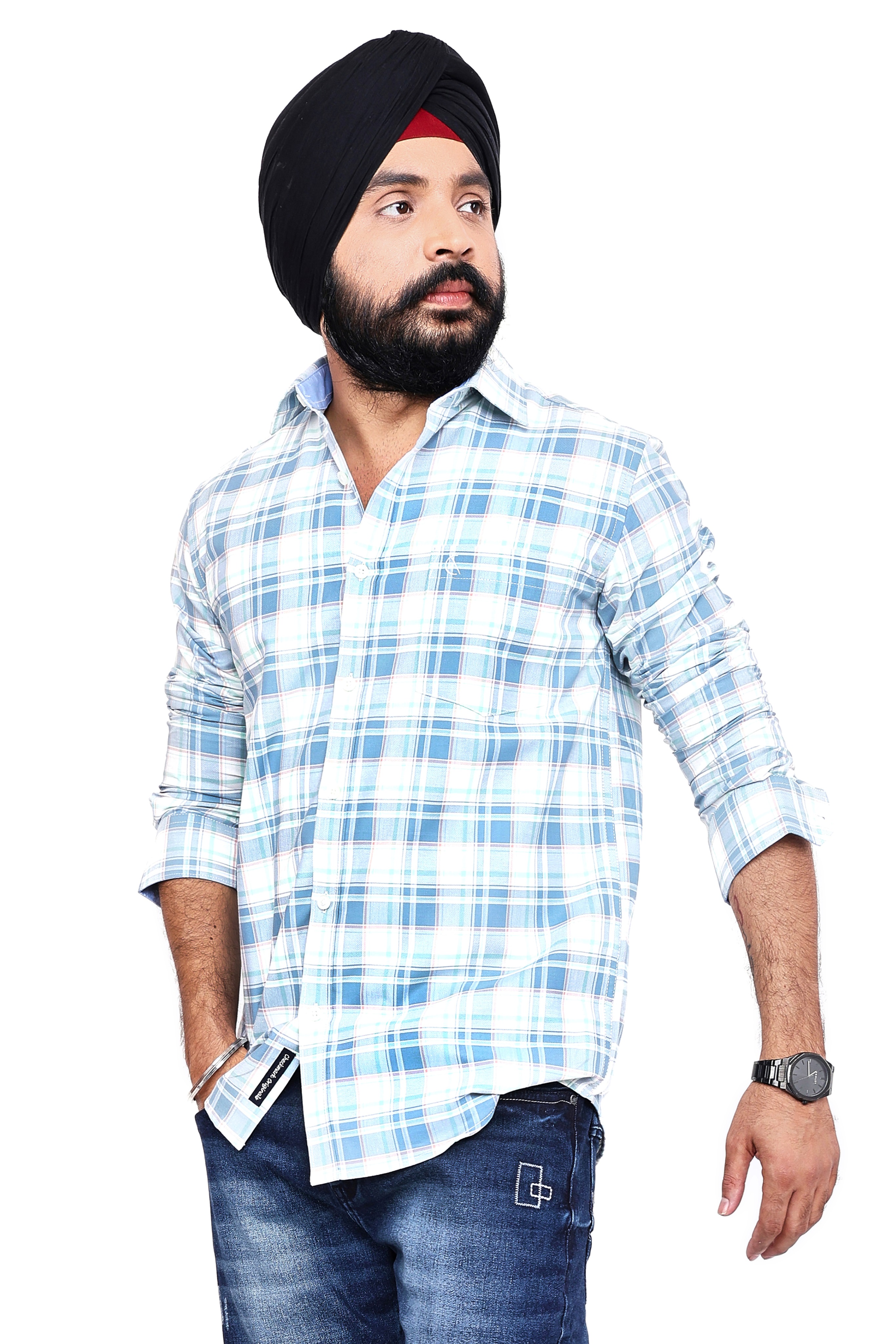 SKY BLUE CHECKED SLIM FIT FULL SLEEVES SHIRT