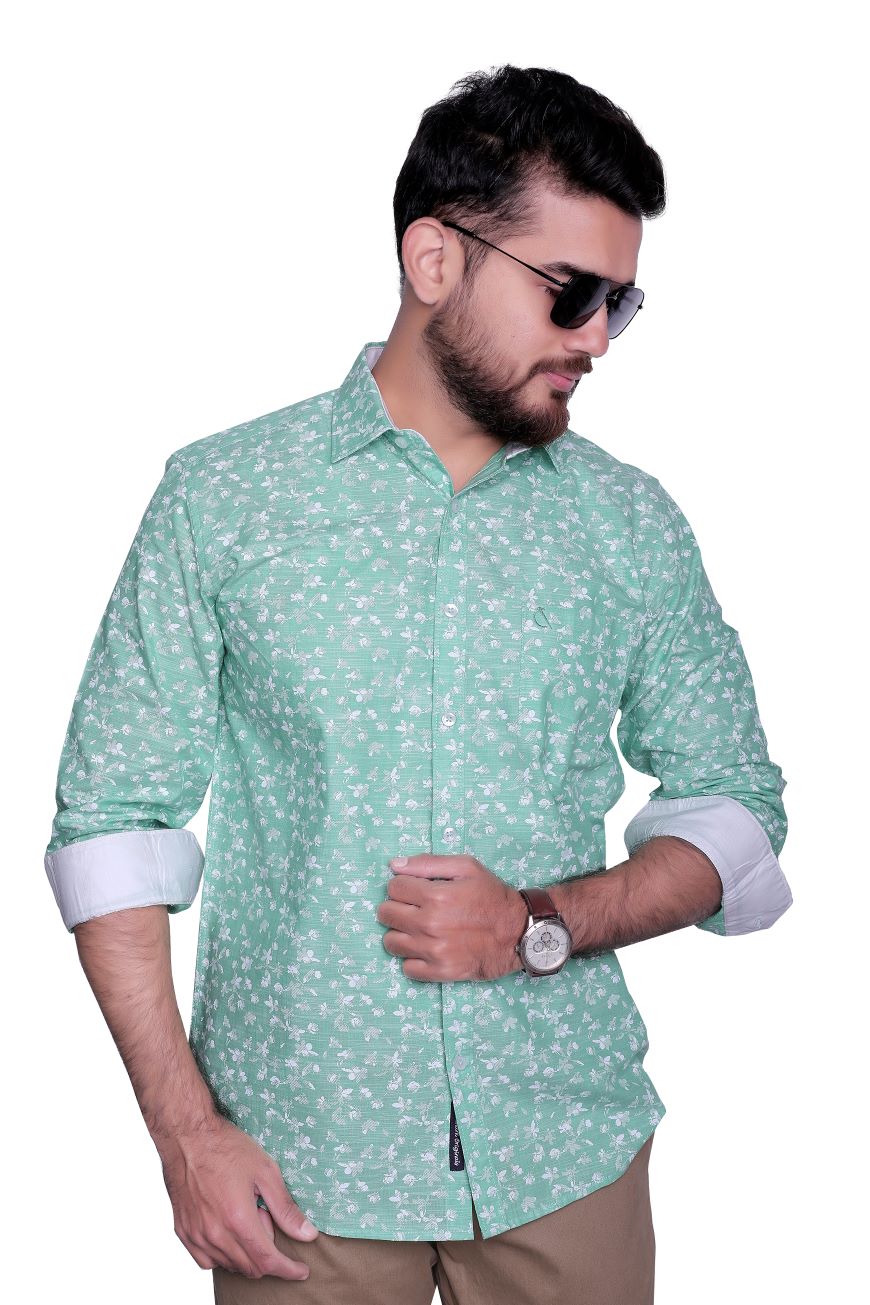 LIGHT GREEN PRINTED SLIM FIT FULL SLEEVES SHIRT