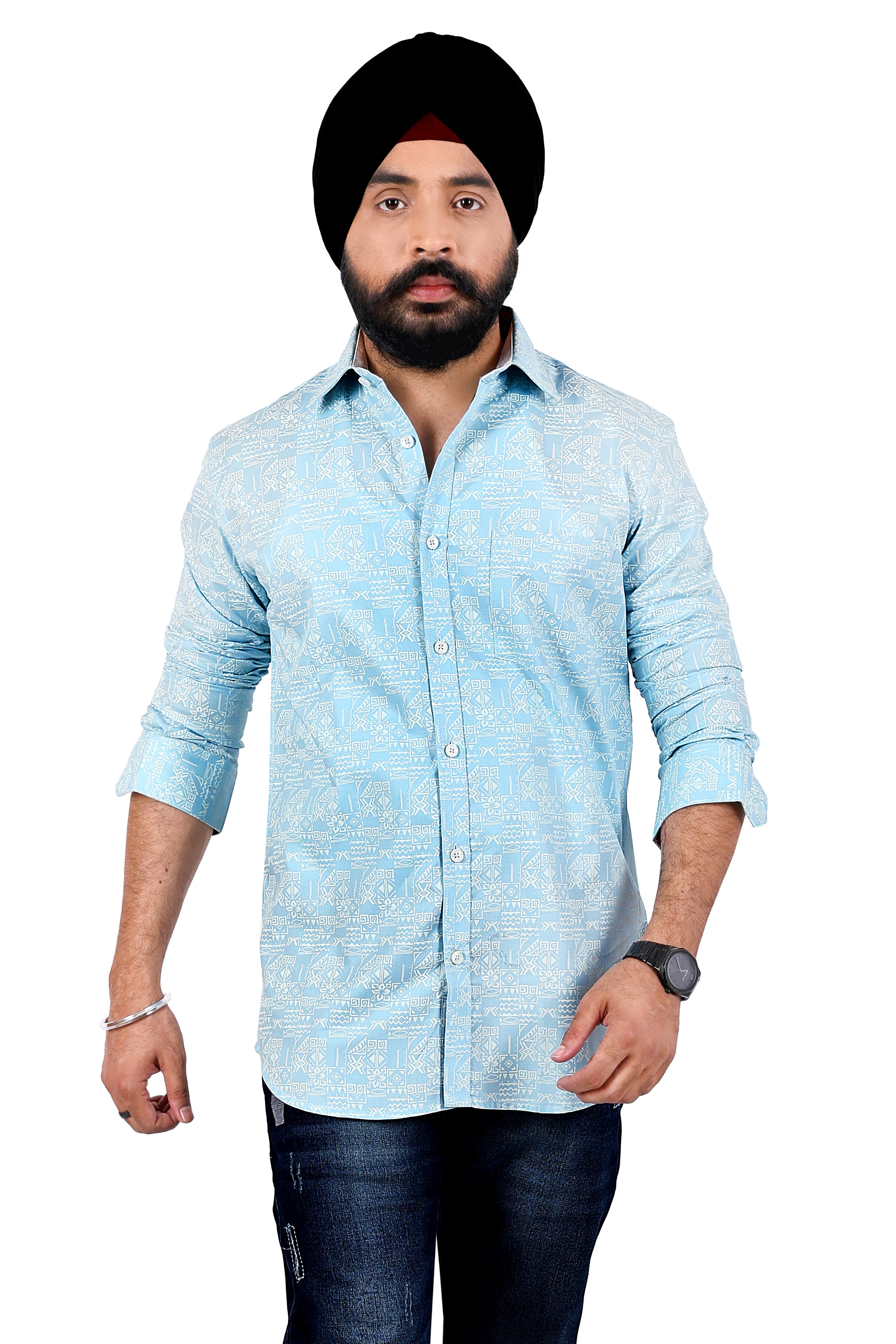 SKY BLUE PRINT SLIM FIT FULL SLEEVES SHIRT