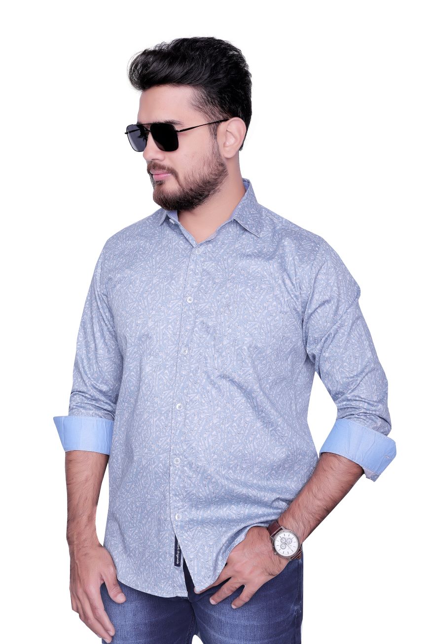 GREY PRINTED SLIM FIT FULL SLEEVES SHIRT