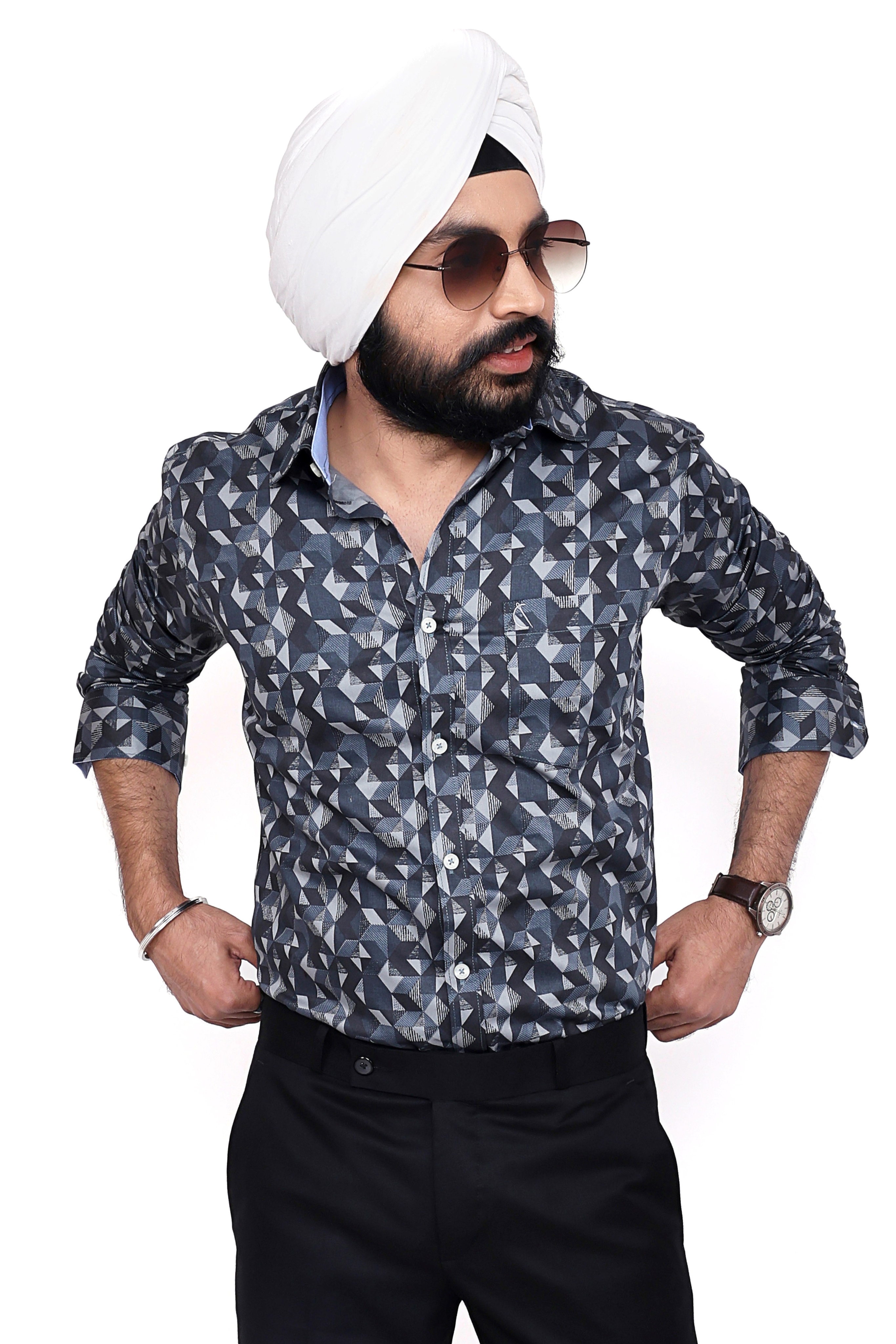 GREY BLACK PRINTED SLIM FIT FULL SLEEVES SHIRT