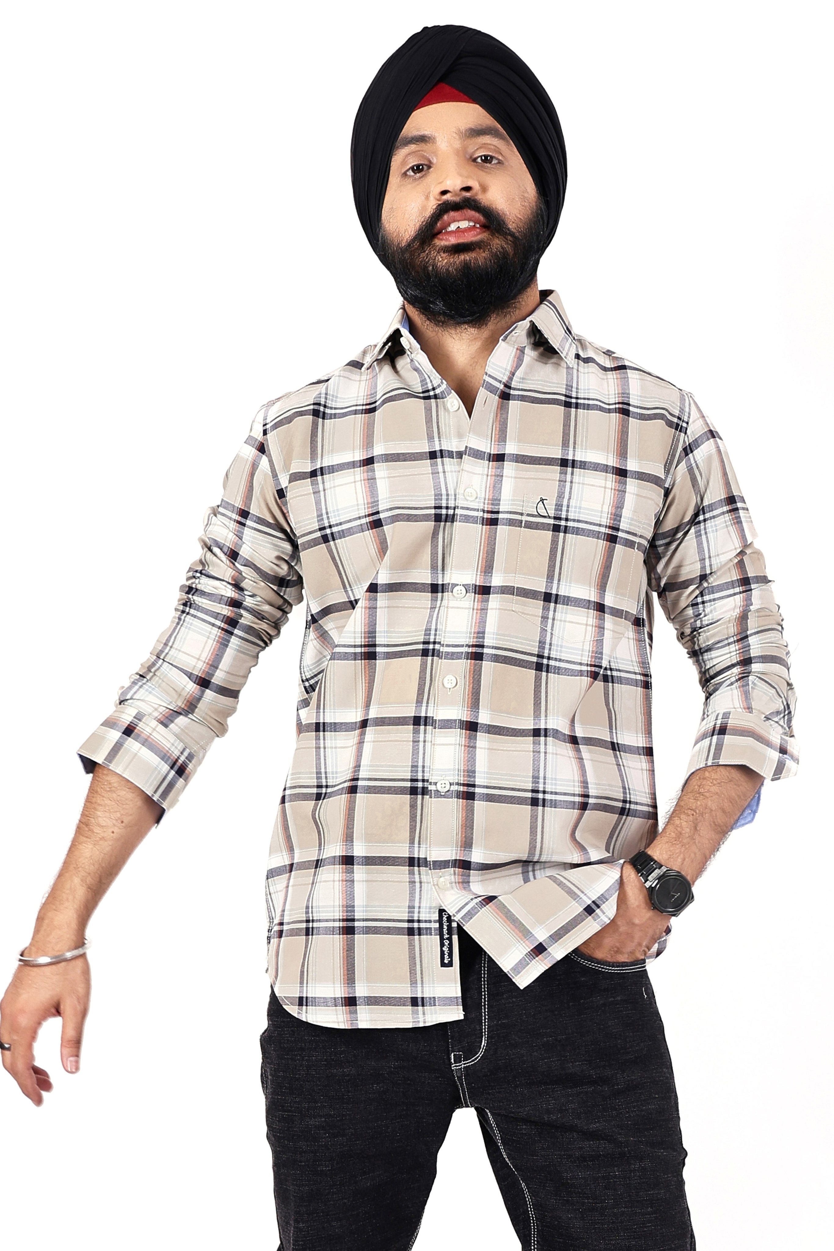 BEIGE CHECKED SLIM FIT FULL SLEEVES SHIRT
