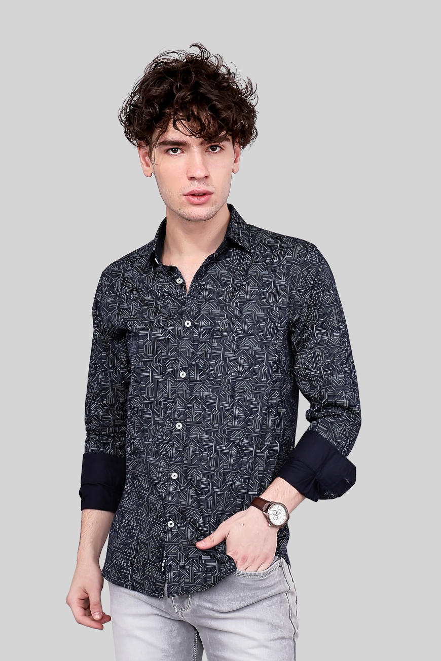 NAVY BLUE PRINTED SLIM FIT FULL SLEEVES SHIRT