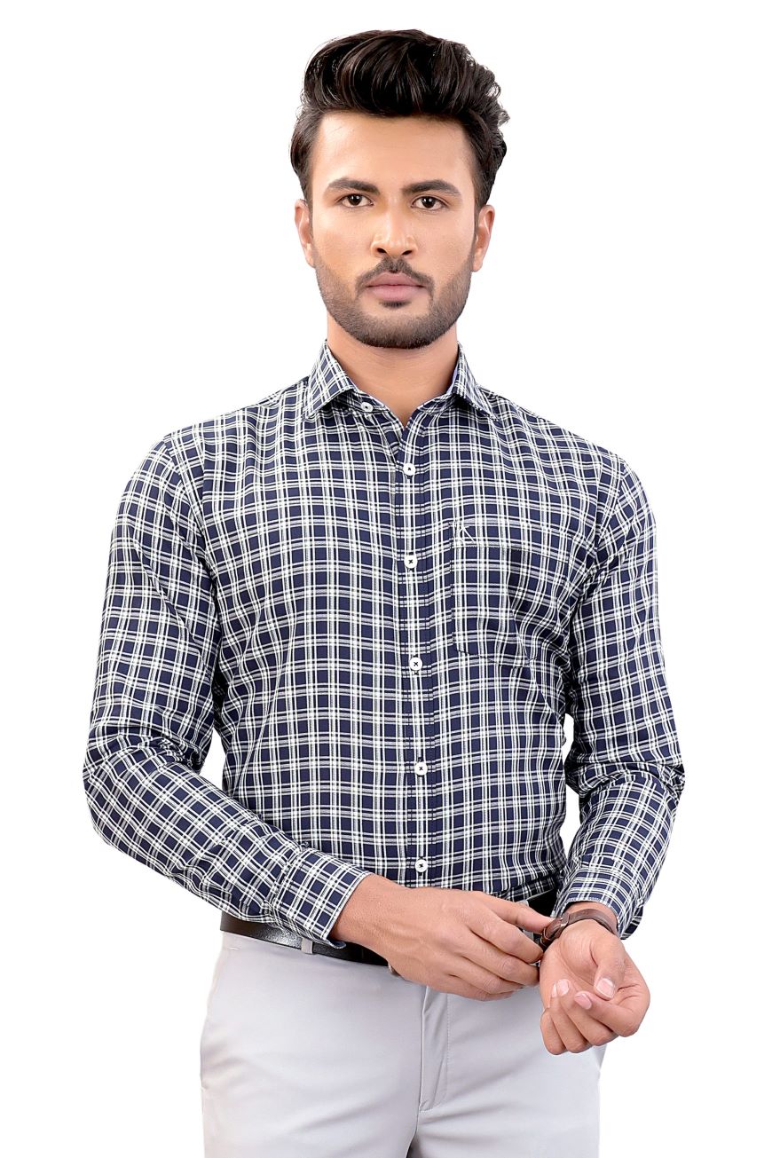NAVY BLUE CHECKED SLIM FIT FULL SLEEVES SHIRT