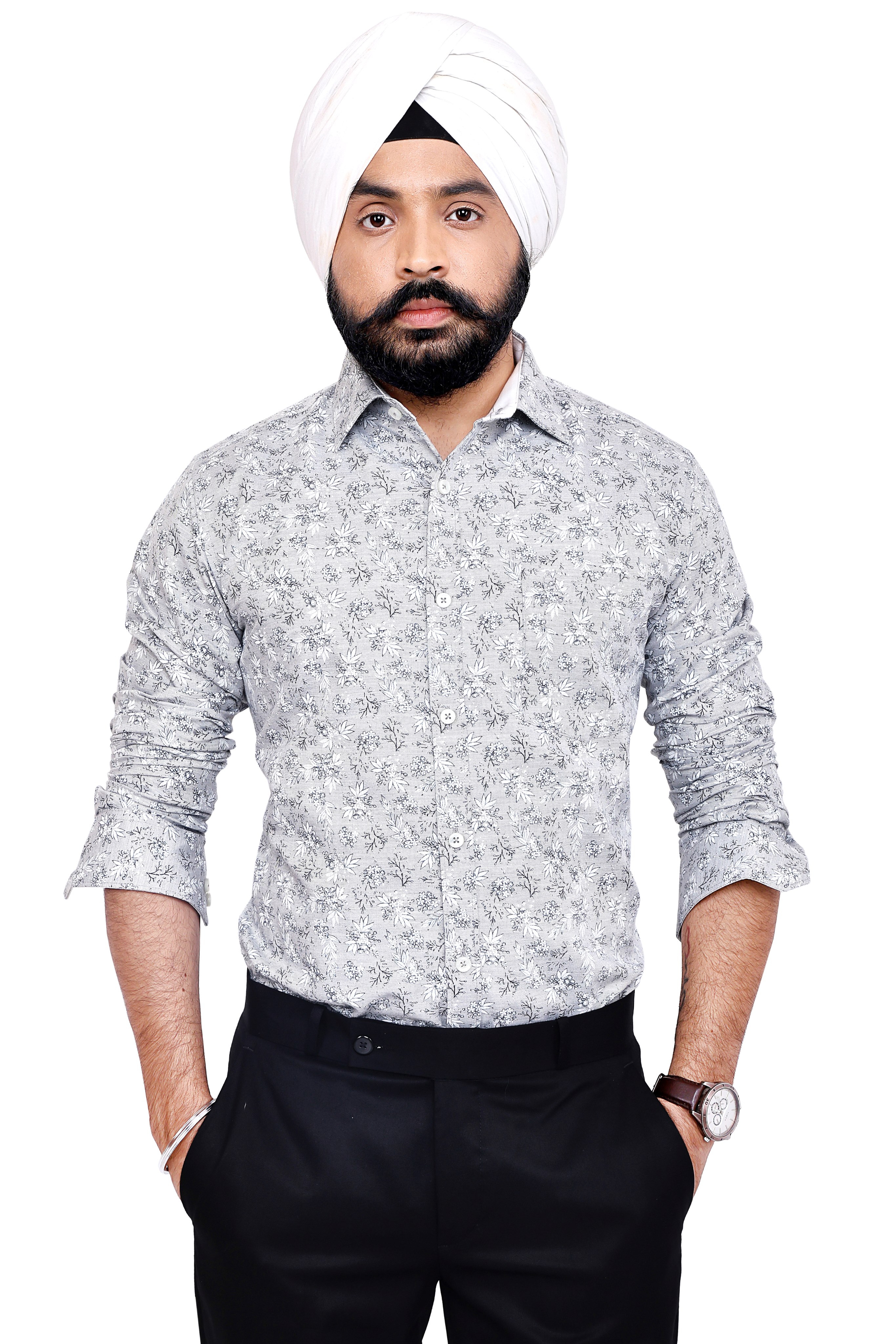 GREY PRINTED SLIM FIT FULL SLEEVES SHIRT