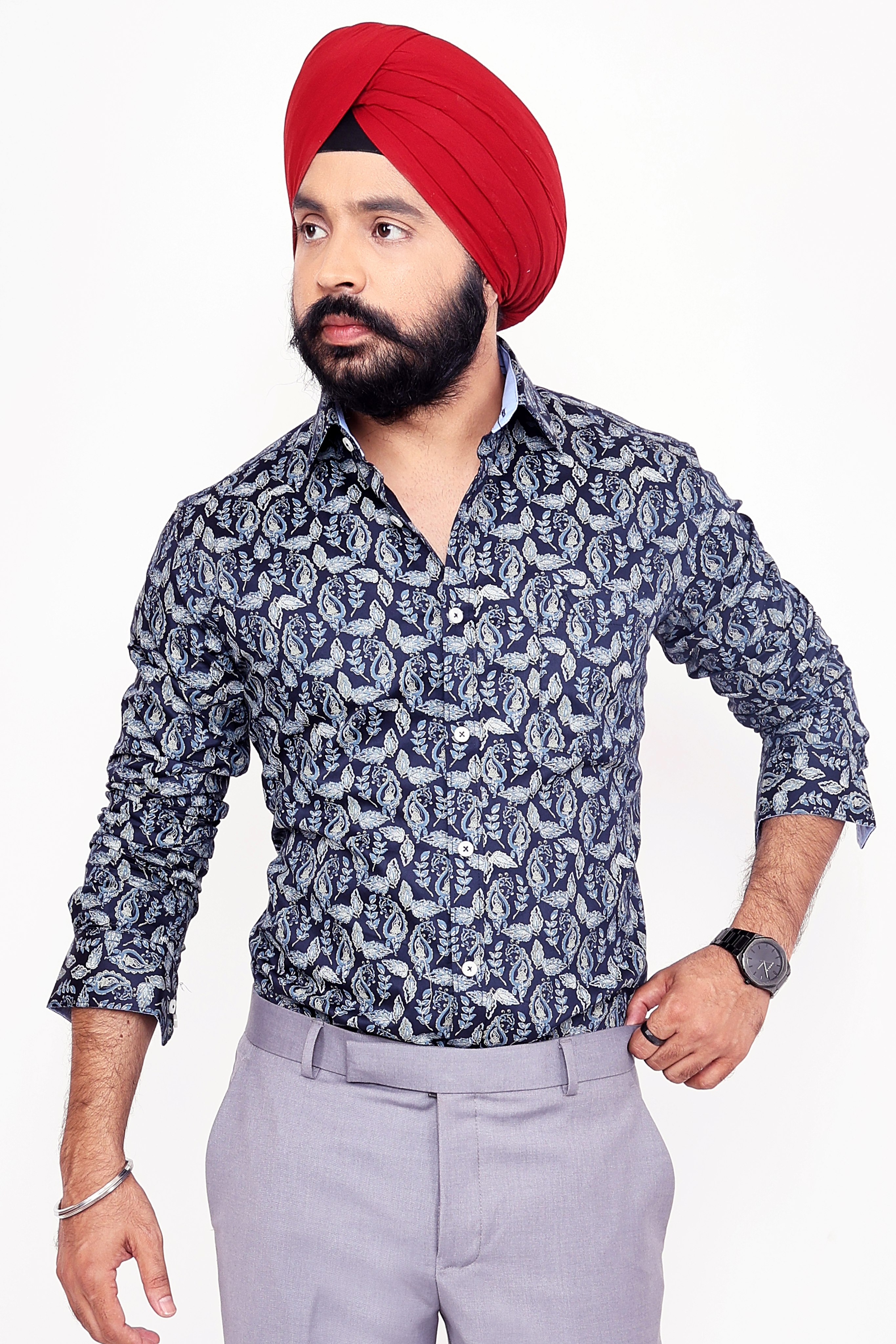 NAVY BLUE PRINTED SLIM FIT FULL SLEEVES SHIRT