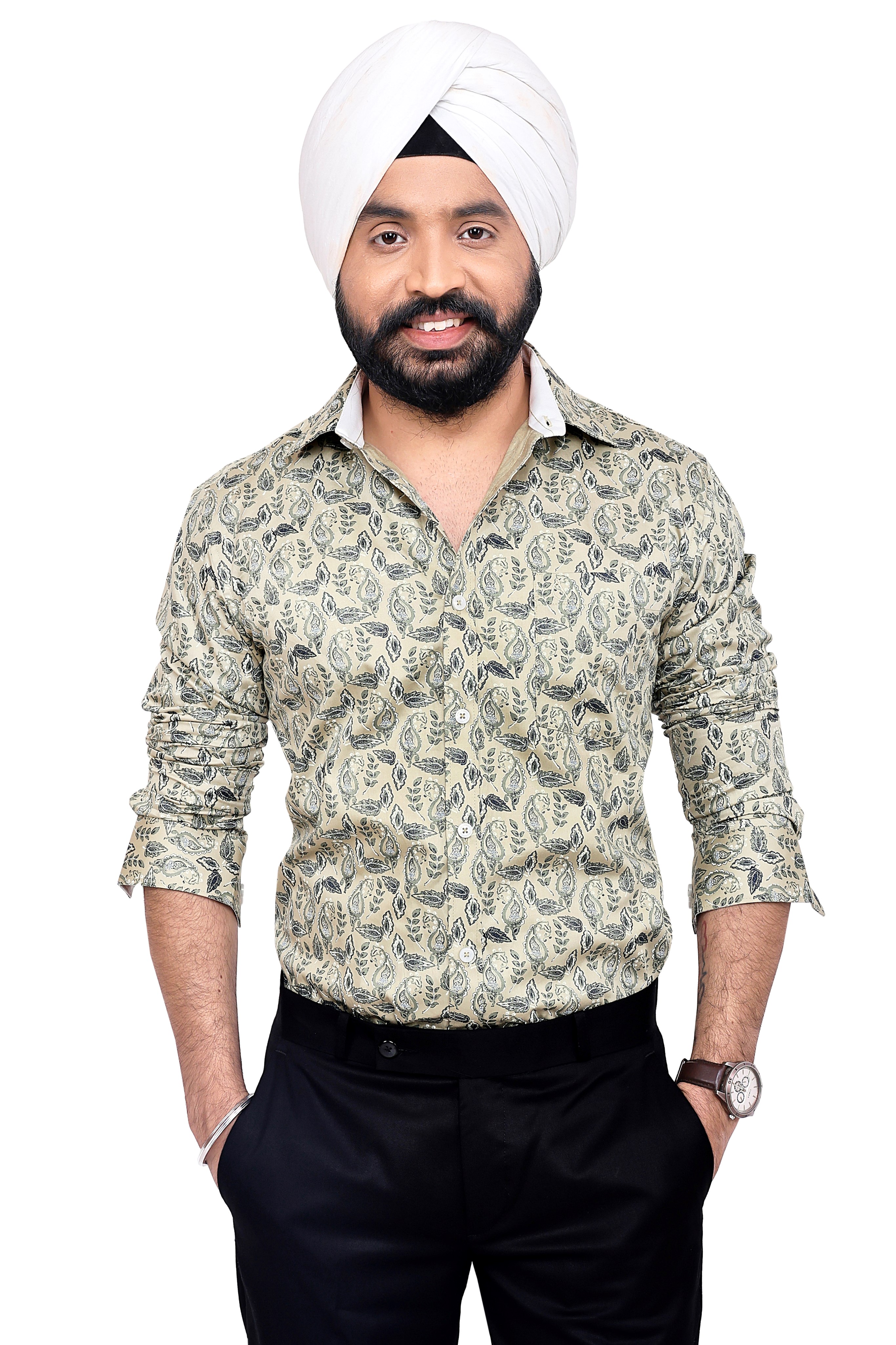 BEIGE PRINT SLIM FIT FULL SLEEVES SHIRT