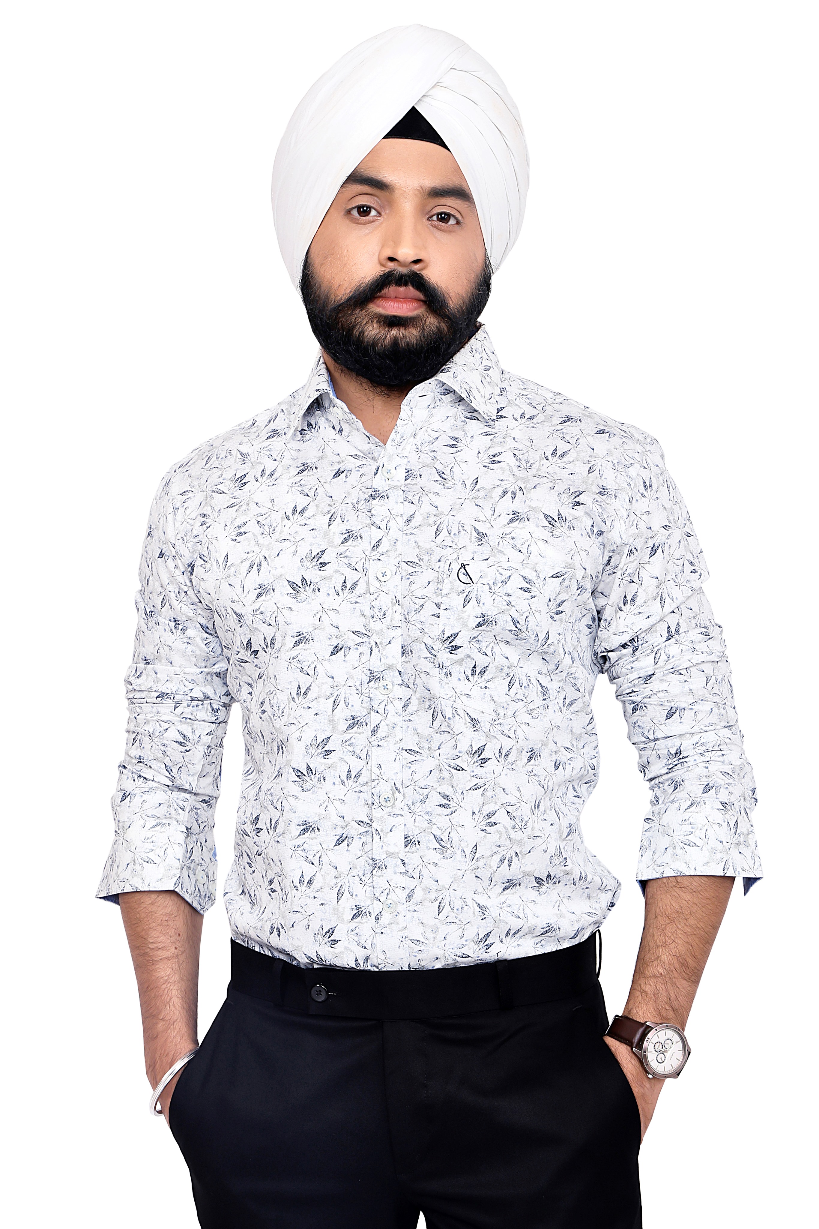 WHITE GREY PRINTED SLIM FIT FULL SLEEVES SHIRT
