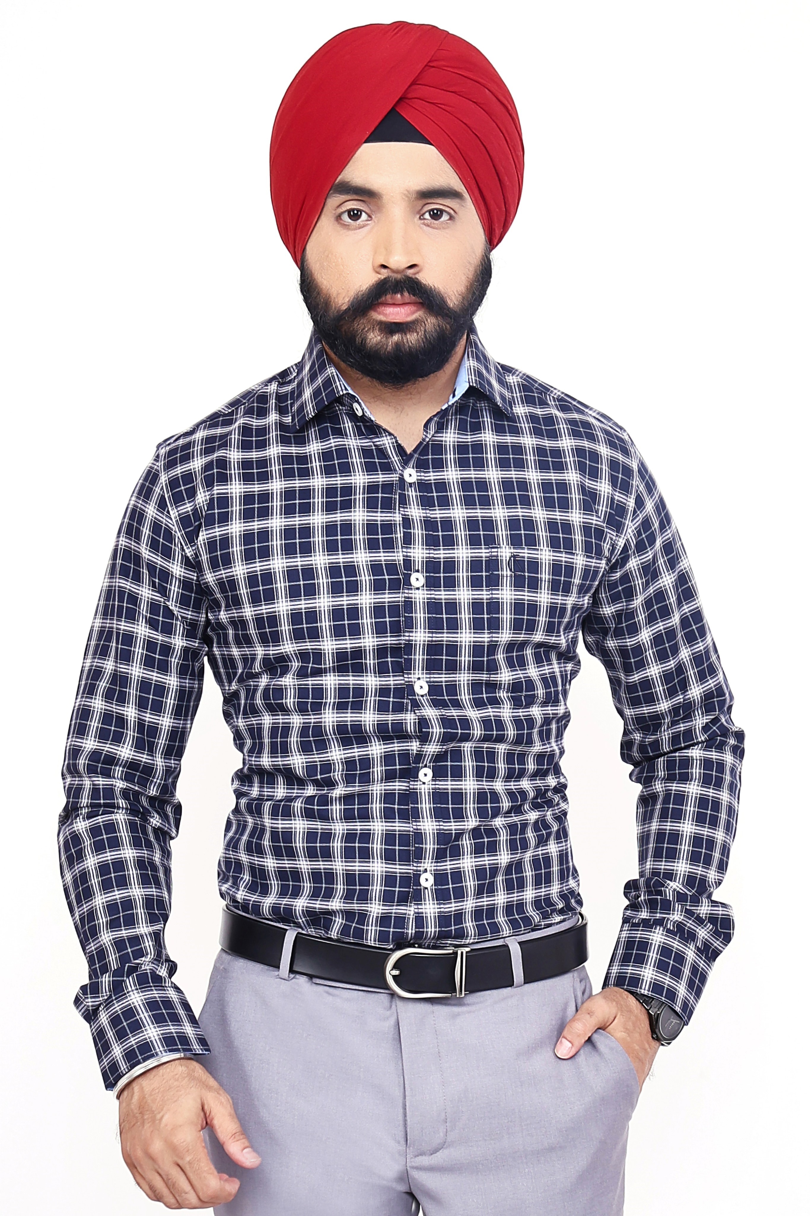 NAVY BLUE CHECKED SLIM FIT FULL SLEEVES SHIRT