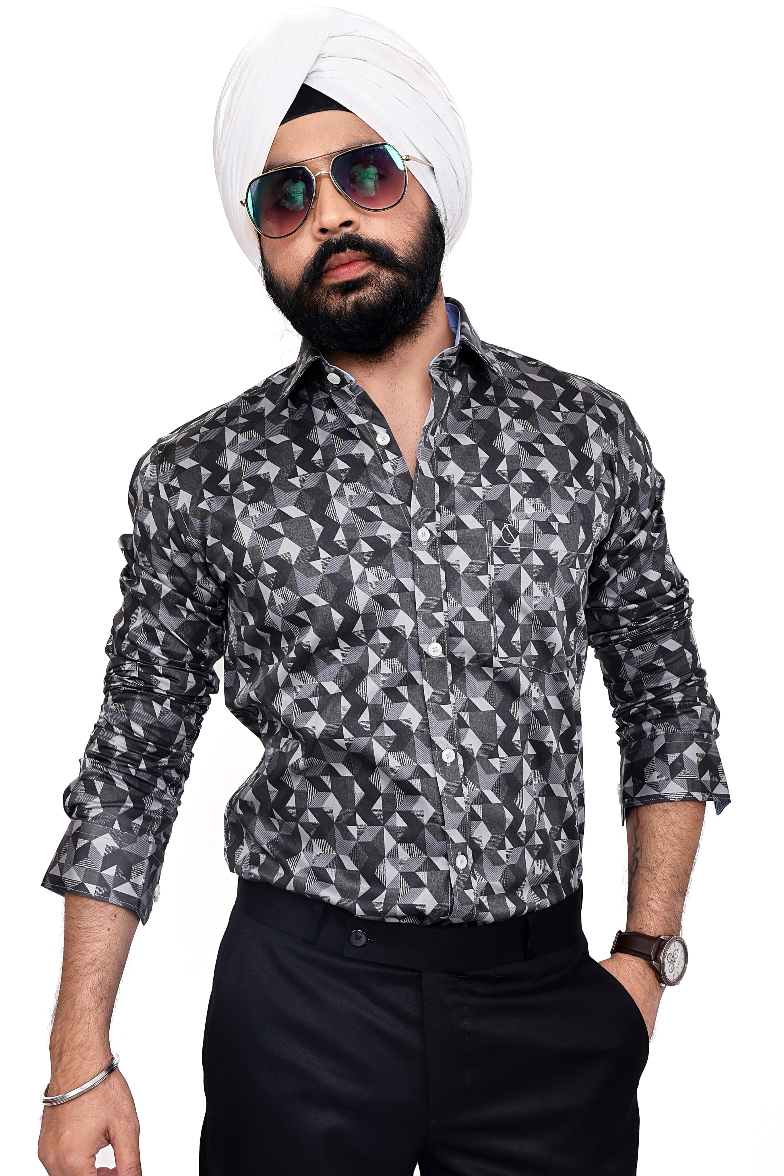 BLACK DARK GREY PRINTED SLIM FIT FULL SLEEVES SHIRT