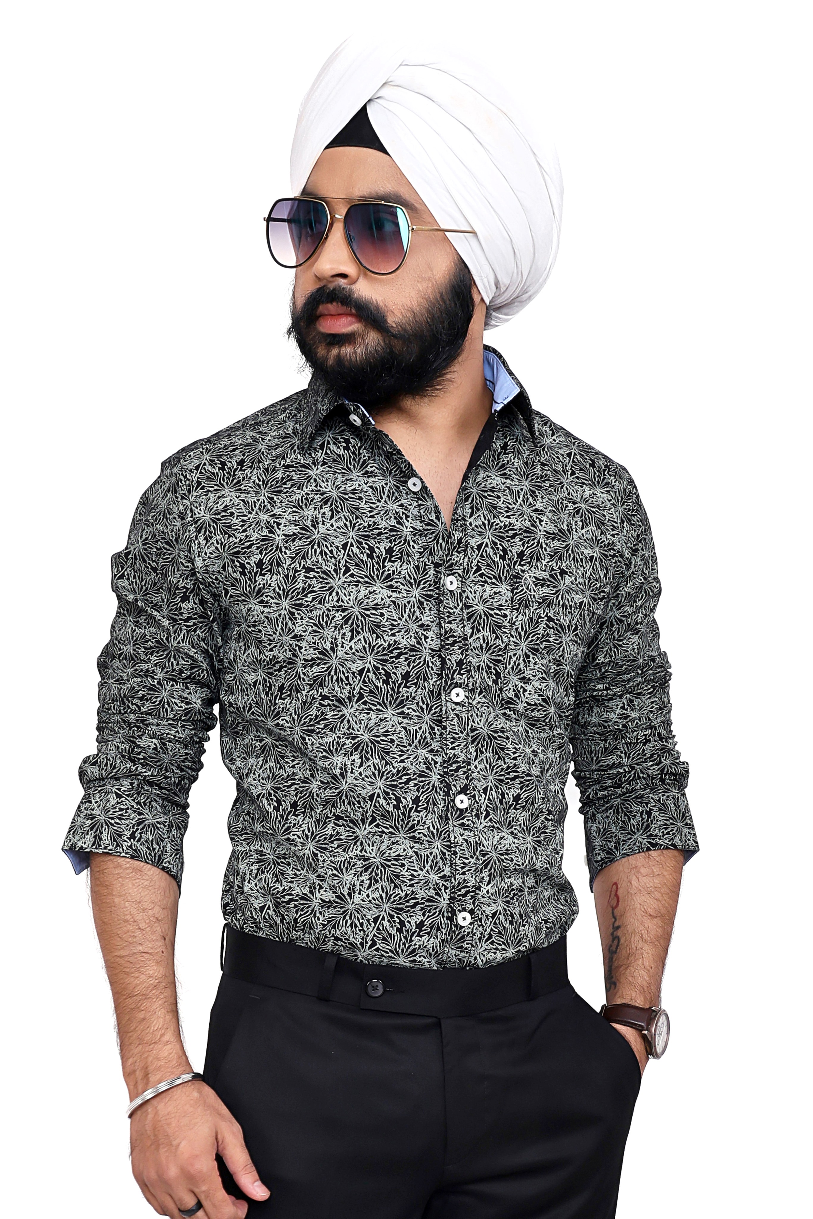 BLACK GREEN  PRINTED SLIM FIT FULL SLEEVES SHIRT