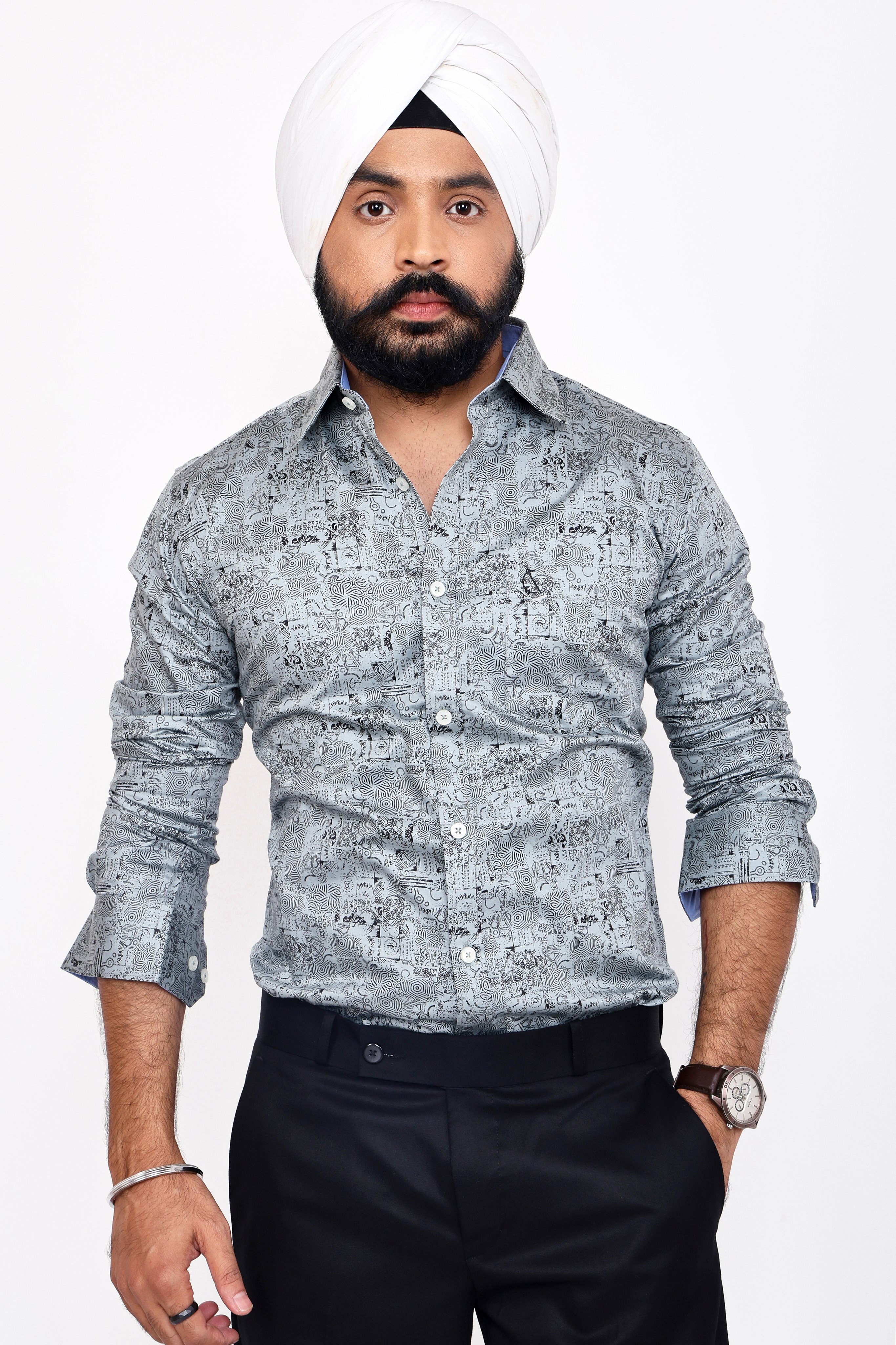 GREEN BLACK PRINTED SLIM FIT FULL SLEEVES SHIRT