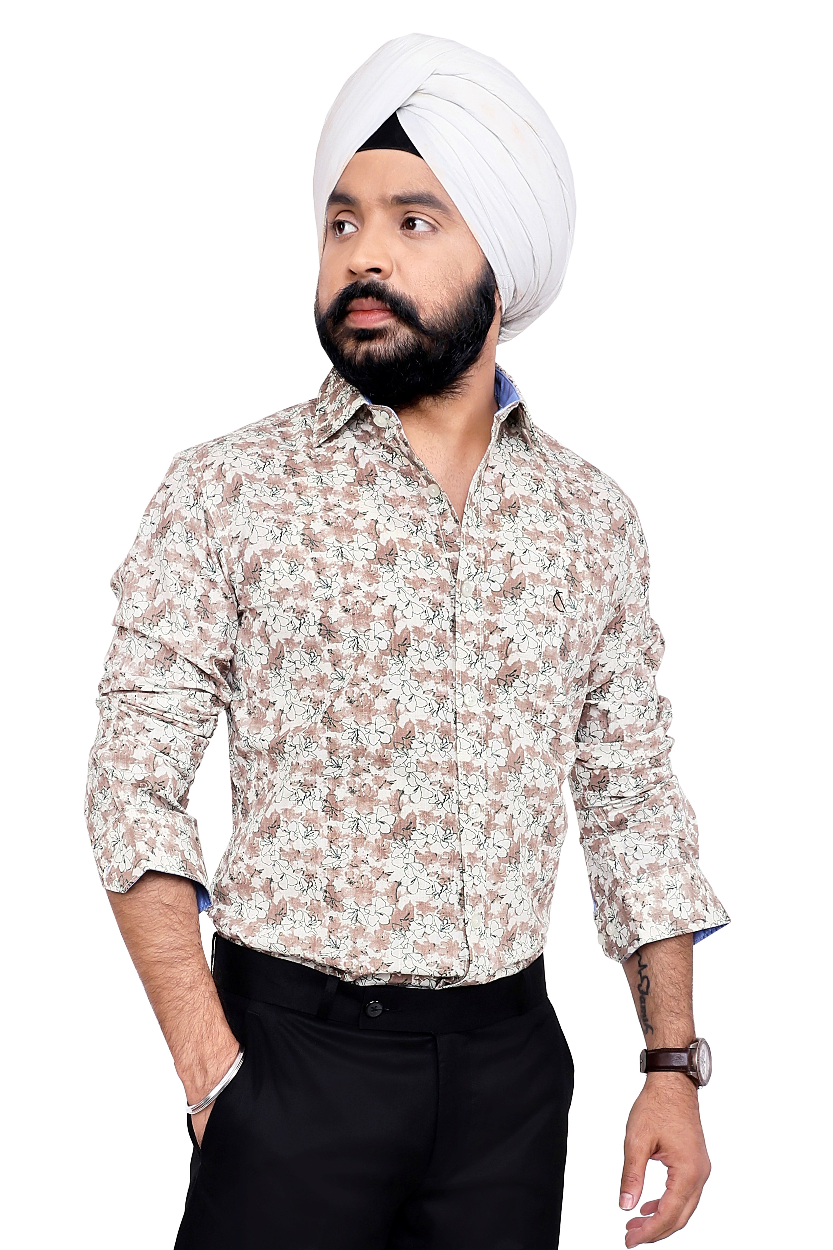 BROWN PRINTED SLIM FIT FULL SLEEVES SHIRT