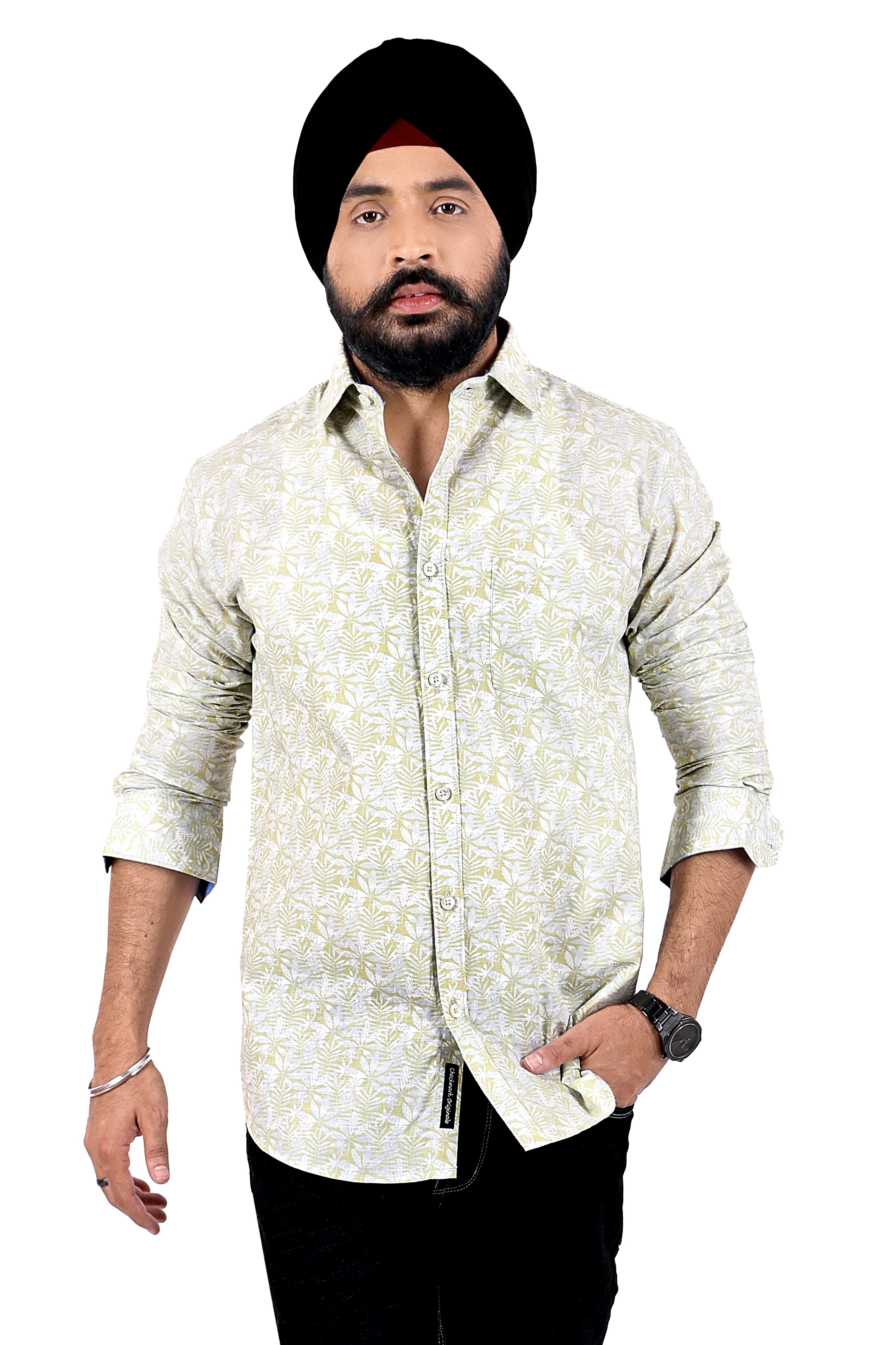 LIGHT YELLOW PRINTED SLIM FIT FULL SLEEVES SHIRT