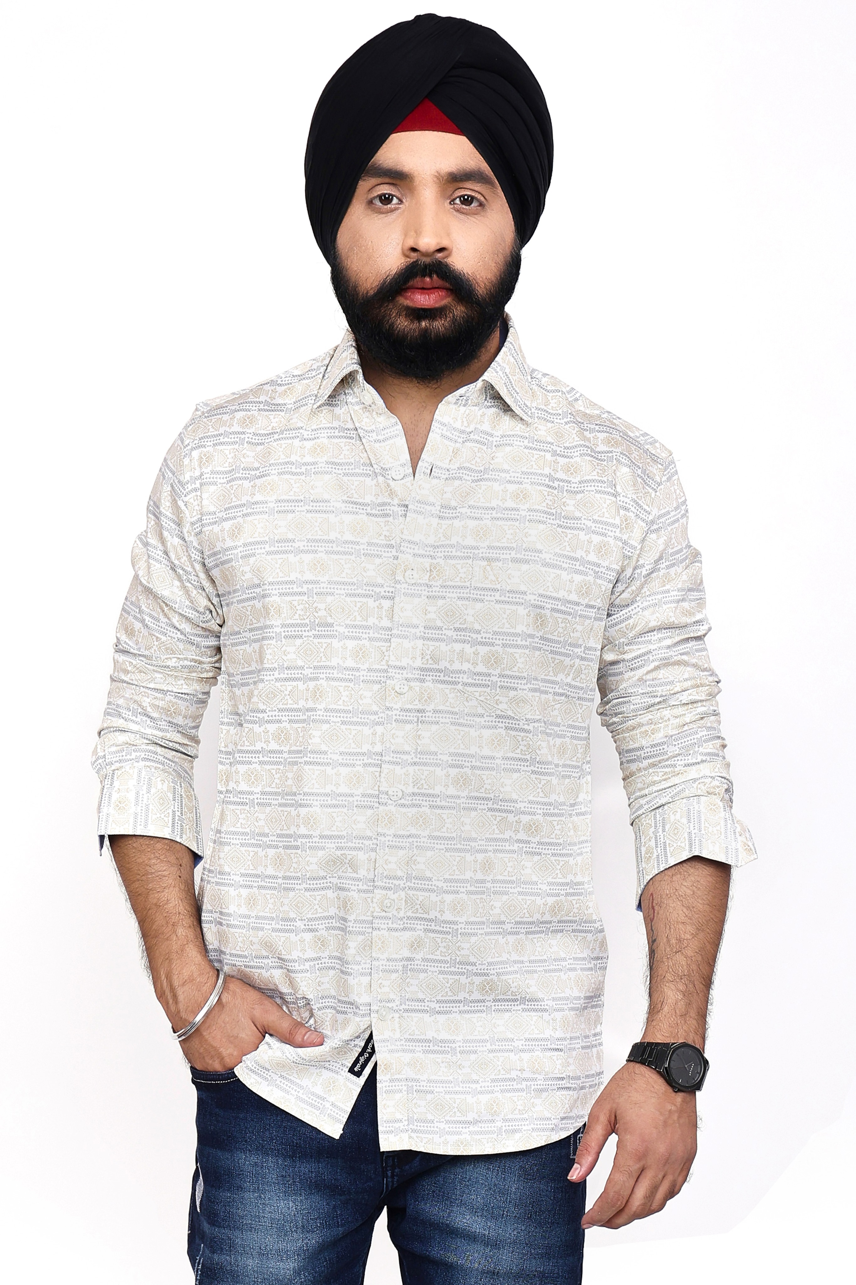 WHITE PRINTED SLIM FIT FULL SLEEVES SHIRT