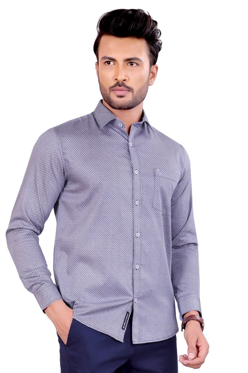 NAVY BLUE WHITE PRINTED SLIM FIT FULL SLEEVES SHIRT