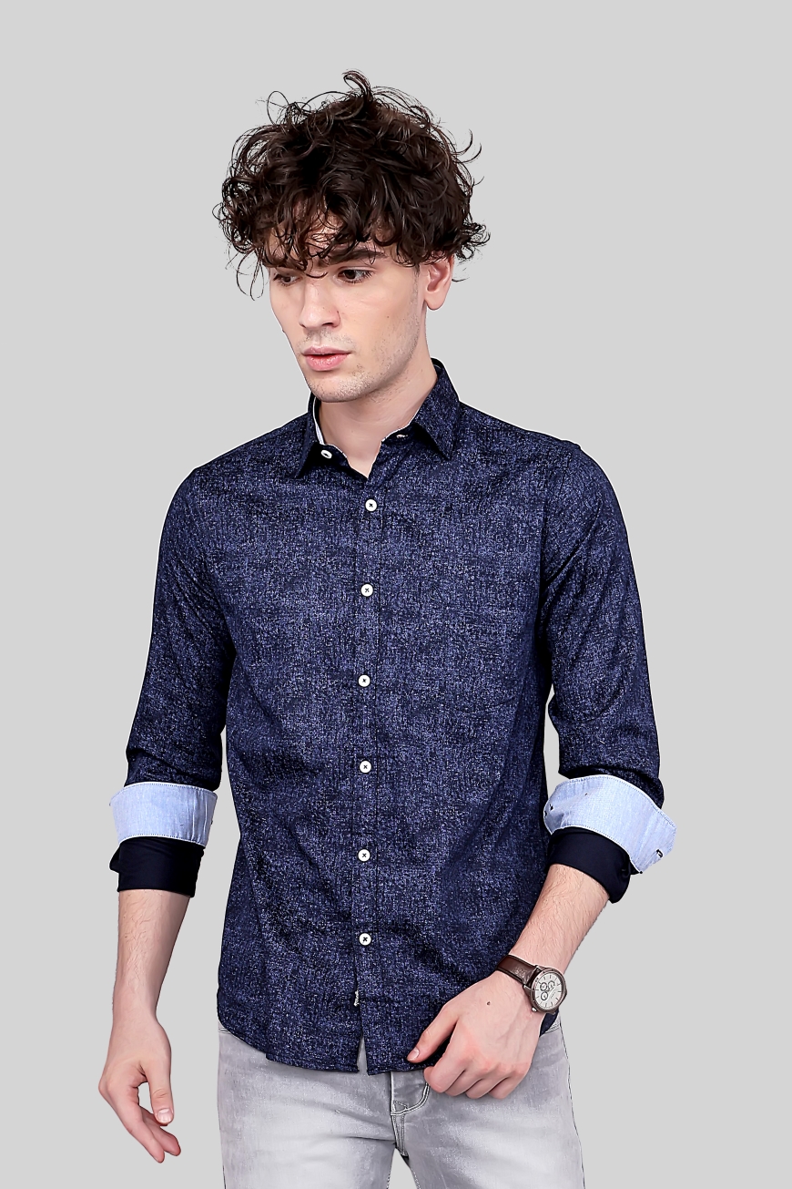 NAVY BLUE PRINTED SLIM FIT FULL SLEEVES SHIRT