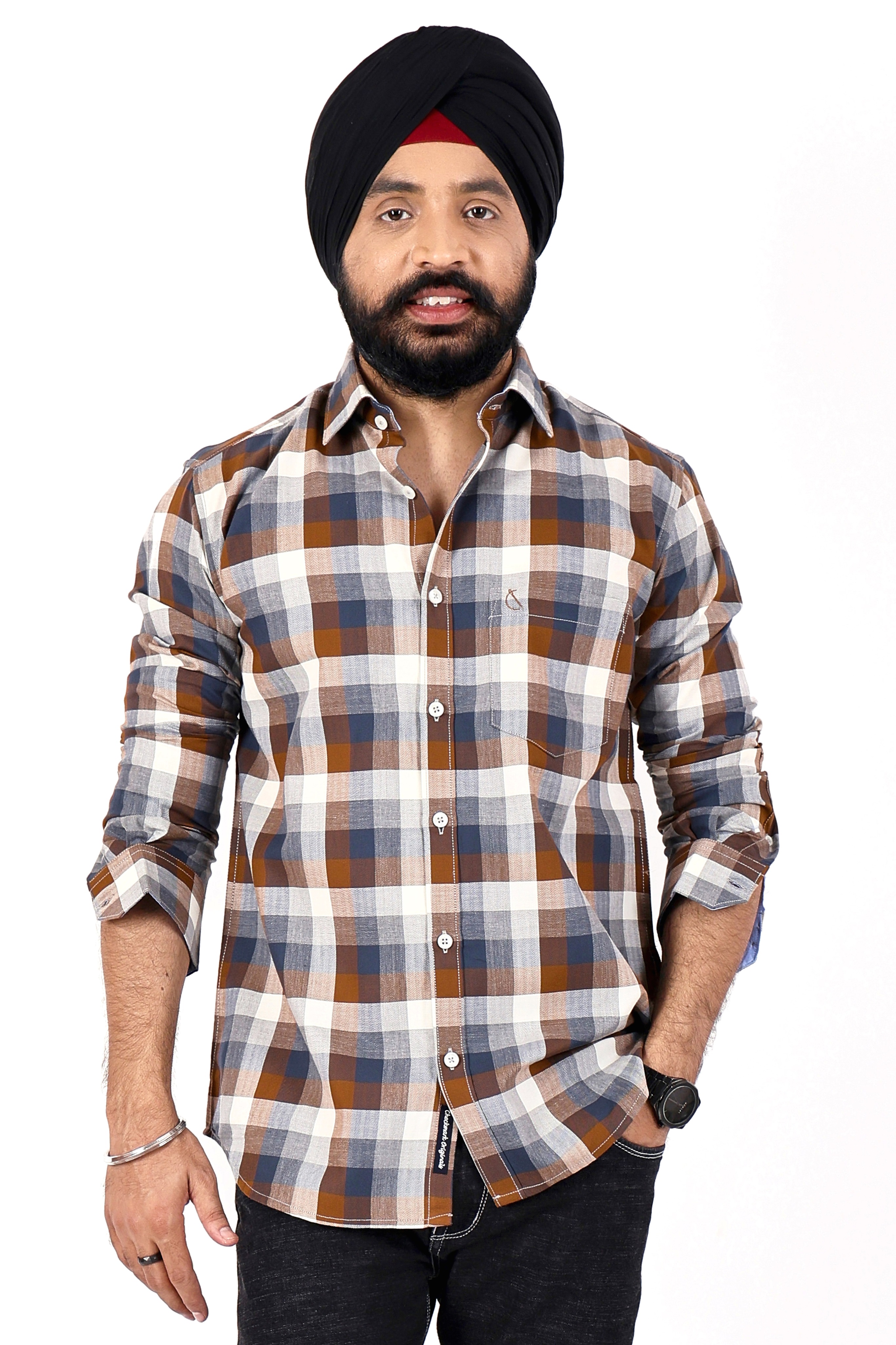 BROWN CHECKED SLIM FIT FULL SLEEVES SHIRT