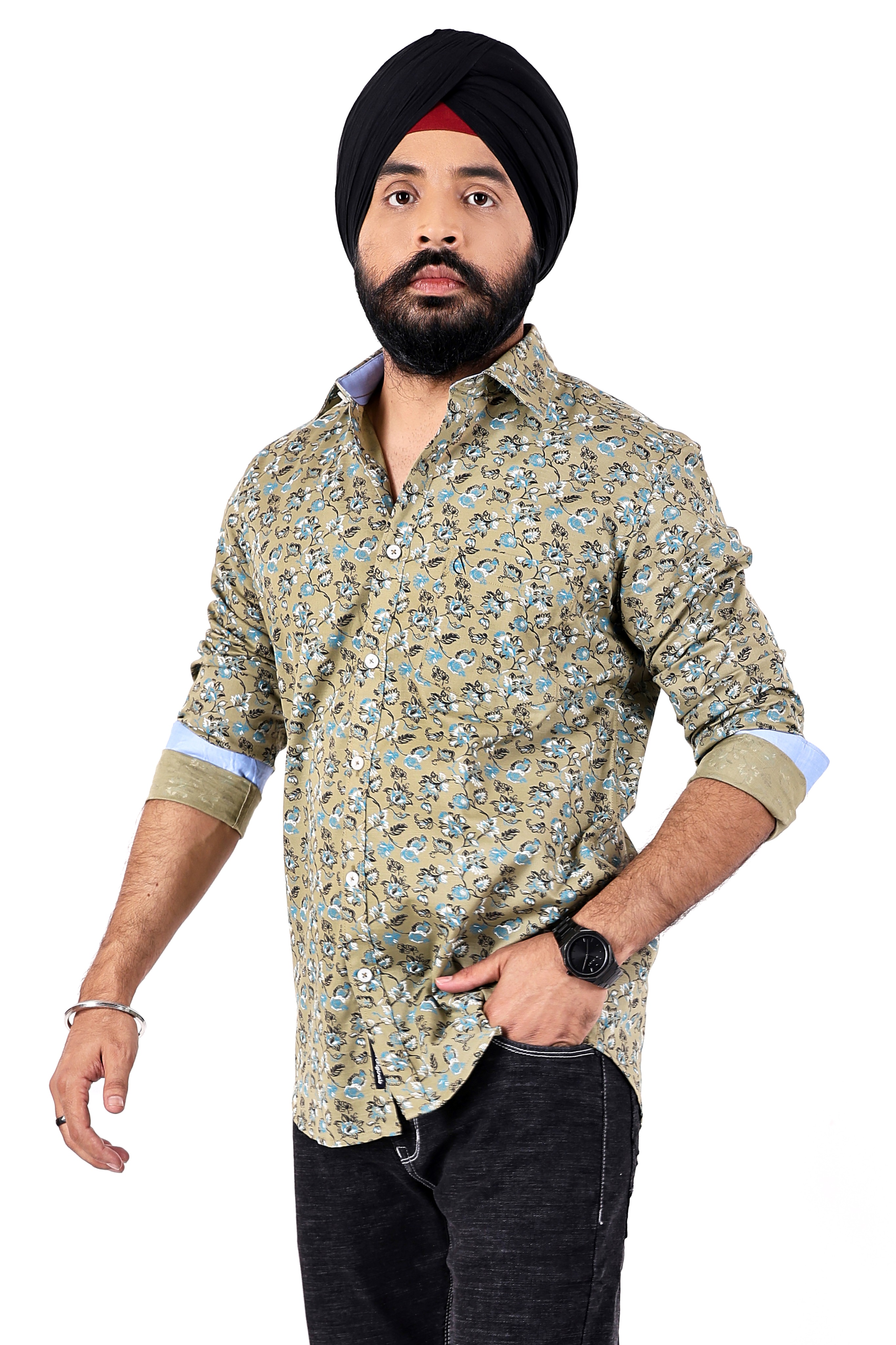 LIGHT GREEN PRINTED SLIM FIT FULL SLEEVES SHIRT