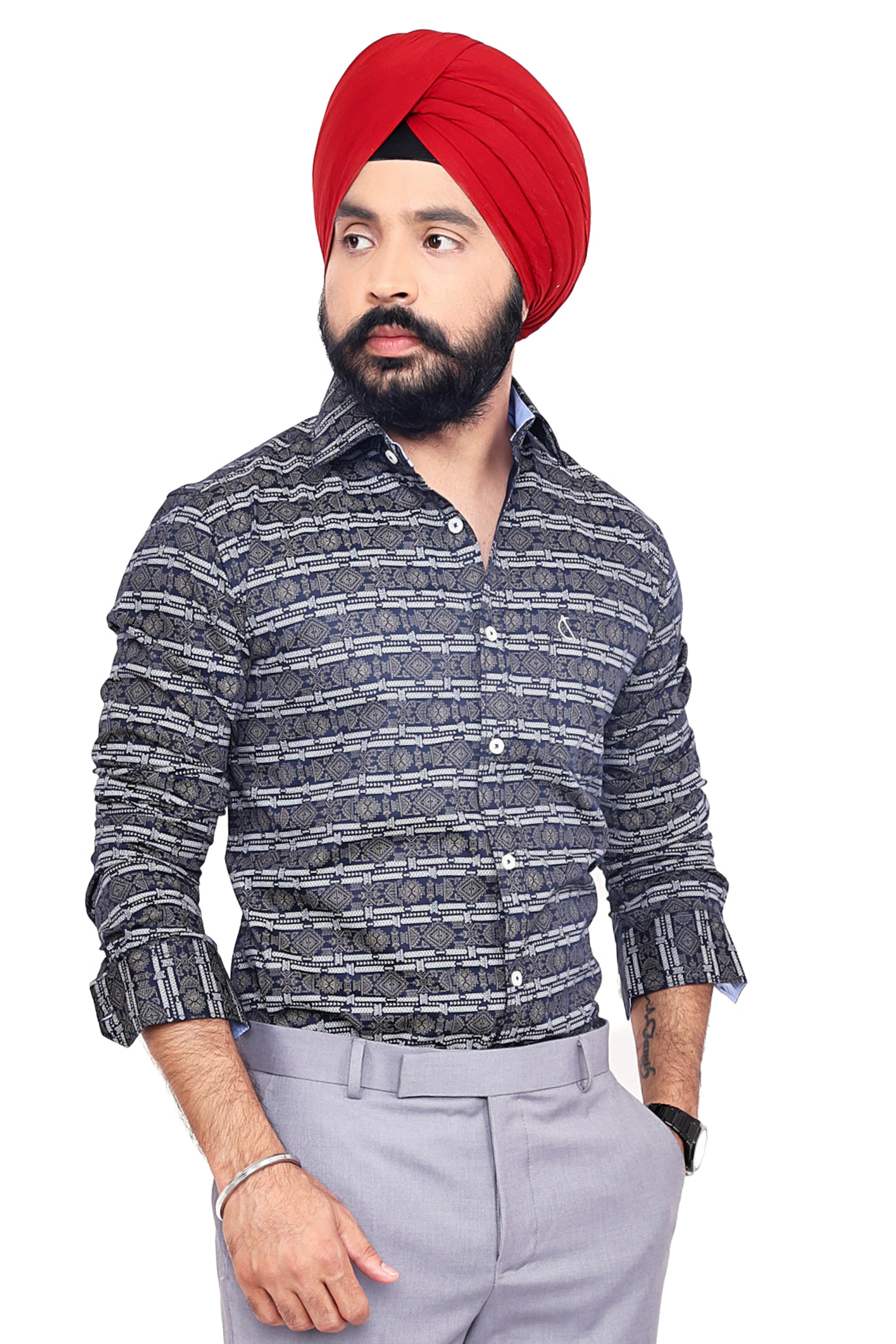 NAVY BLUE PRINTED SLIM FIT FULL SLEEVES SHIRT