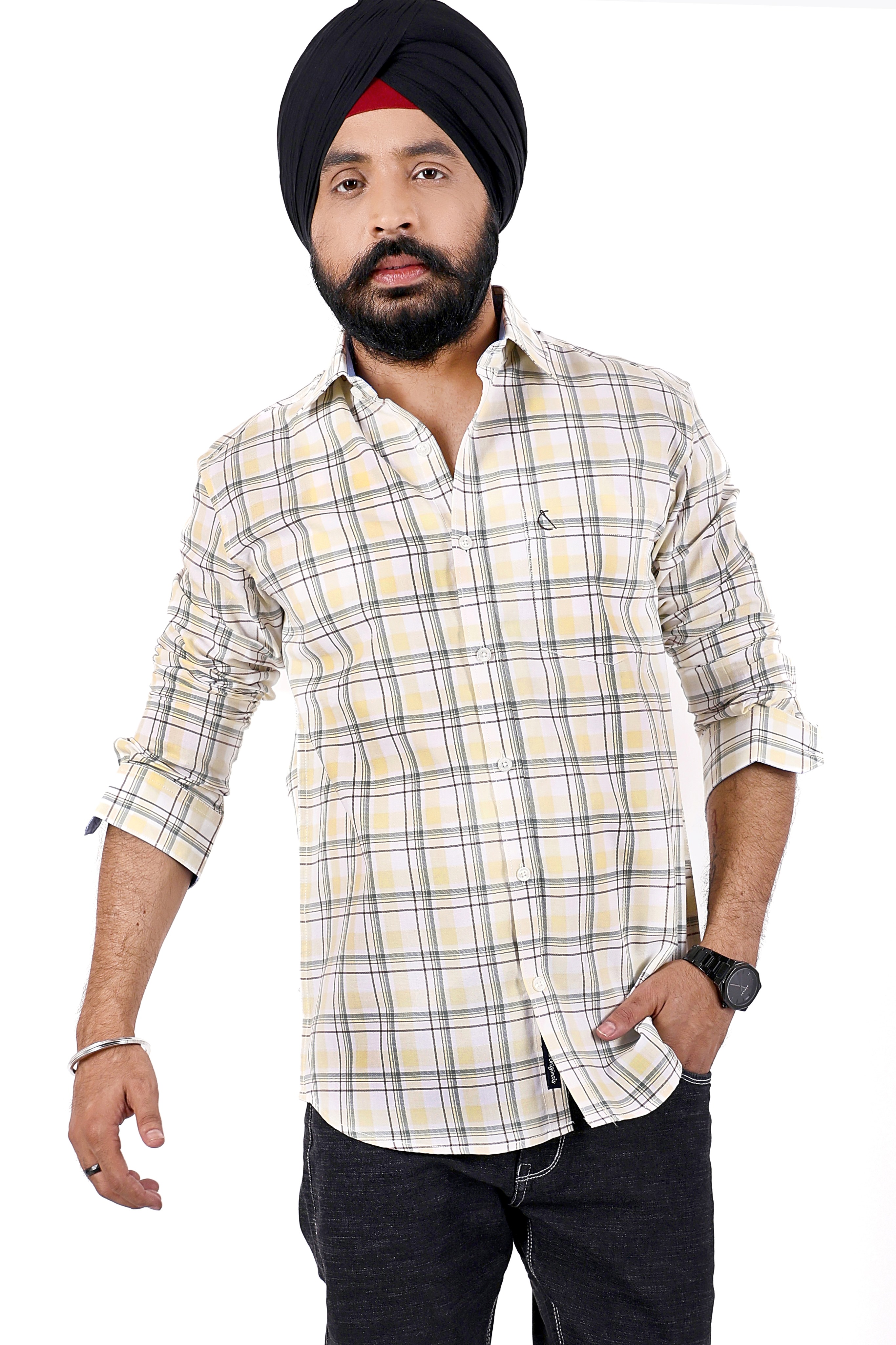 LIGHT YELLOW CHECKED SLIM FIT FULL SLEEVES SHIRT
