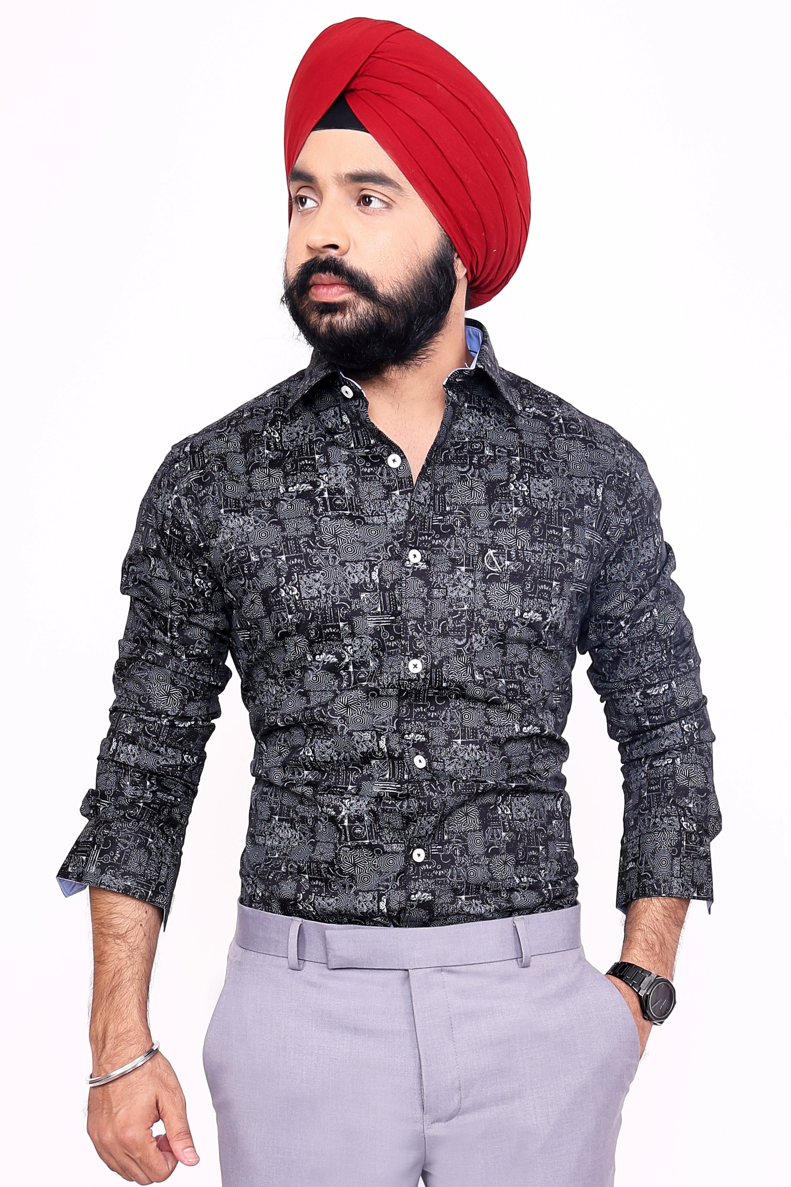 BLACK PRINTED SLIM FIT FULL SLEEVES SHIRT