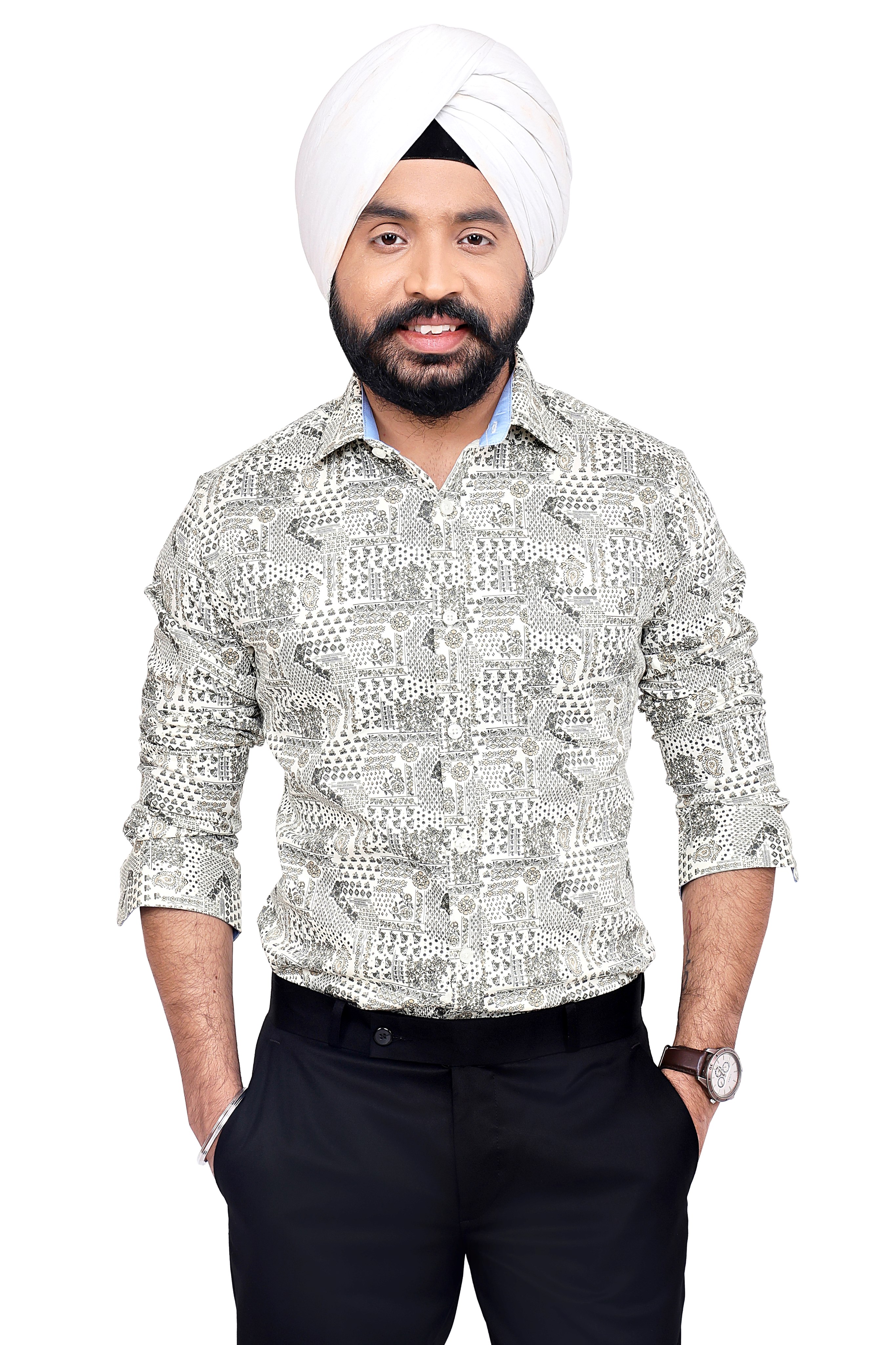 WHITE AND BLACK PRINT SLIM FIT FULL SLEEVES SHIRT