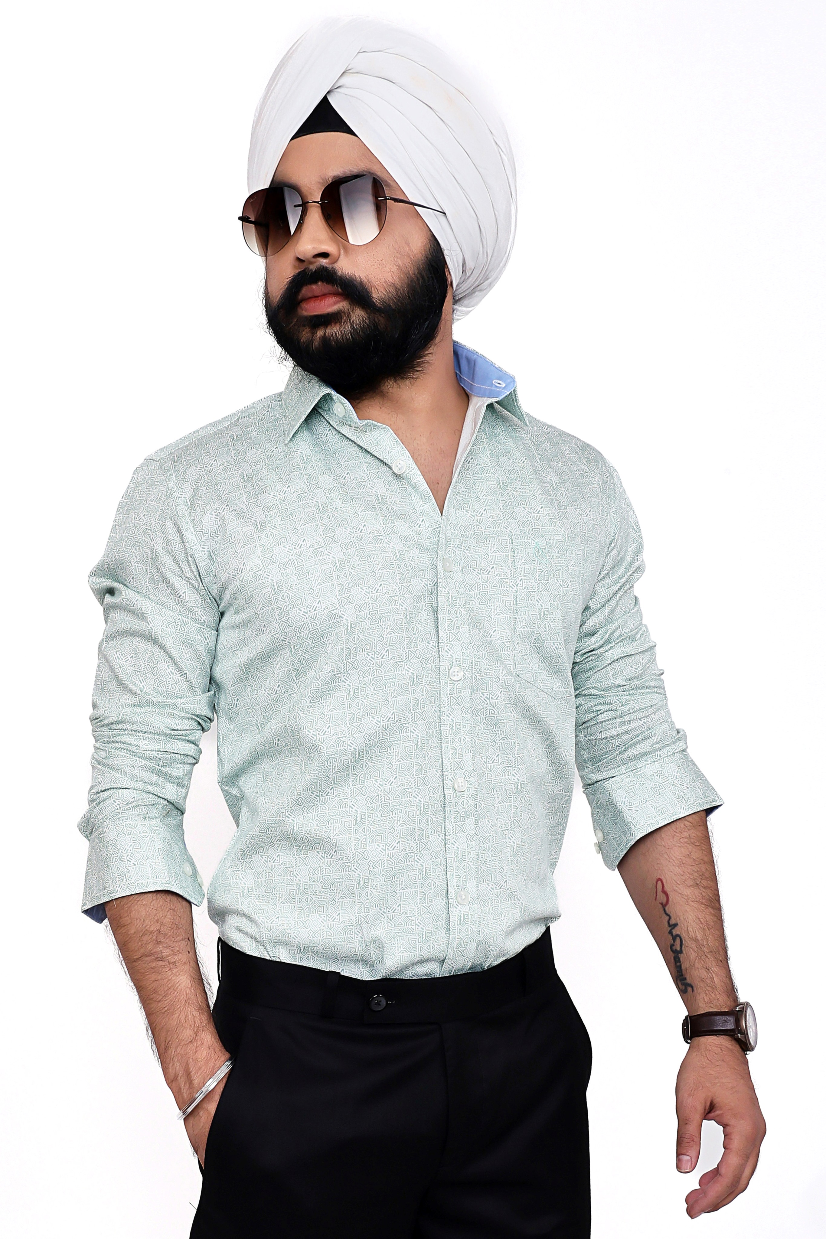 LIGHT GREEN PRINTED SLIM FIT FULL SLEEVES SHIRT