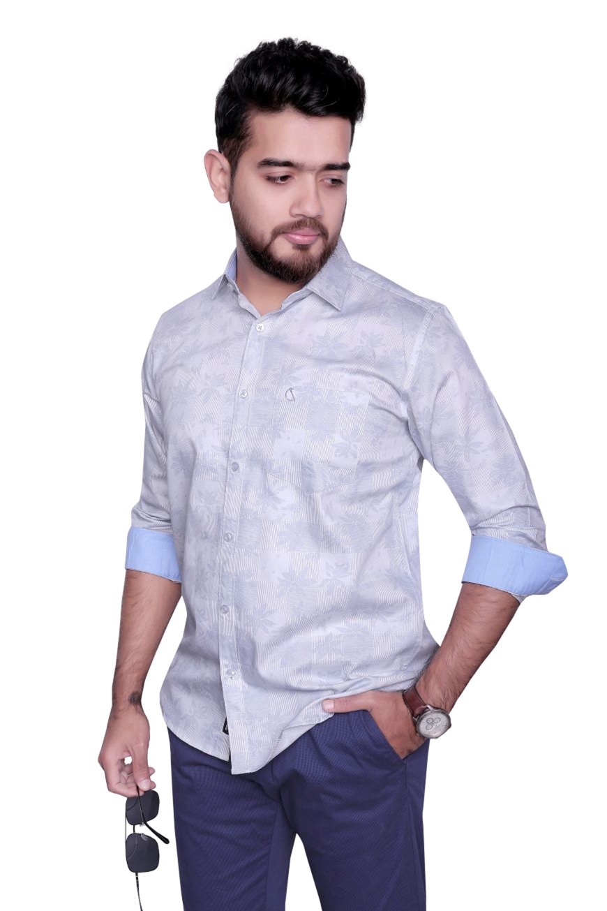 LIGHT GREY PRINTED SLIM FIT FULL SLEEVES SHIRT