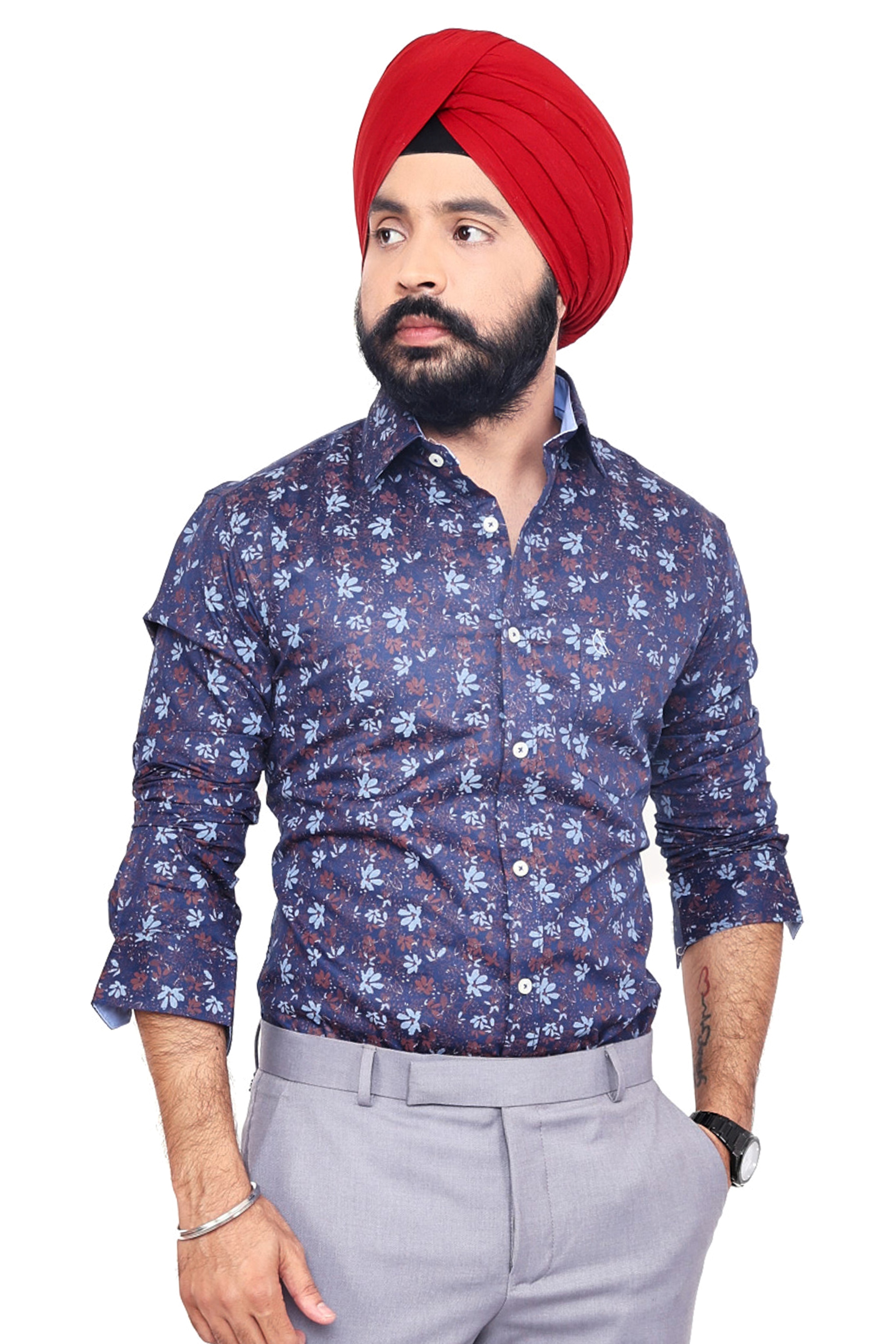 NAVY BLUE PRINTED SLIM FIT FULL SLEEVES SHIRT
